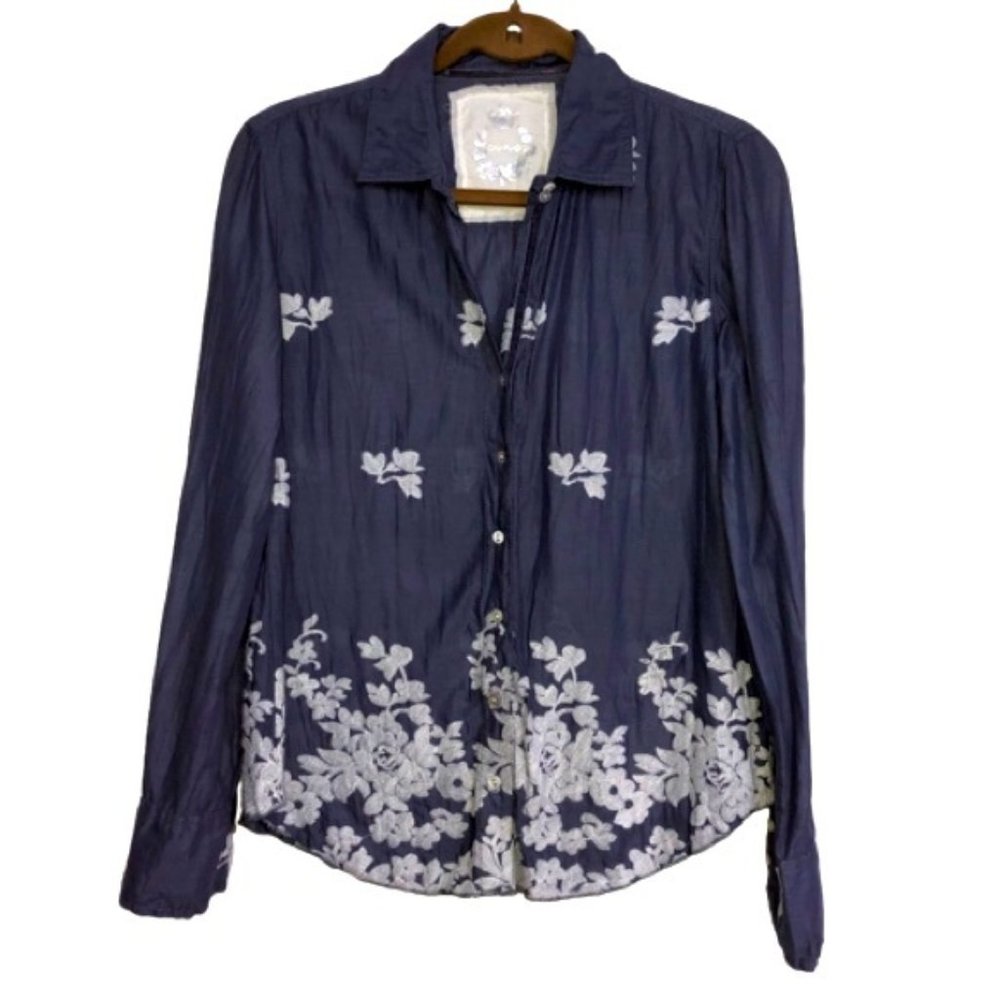 Curvo Blouse Shirt Top XS Blue Embroidered Long Sleeve Collar Breathable Coastal